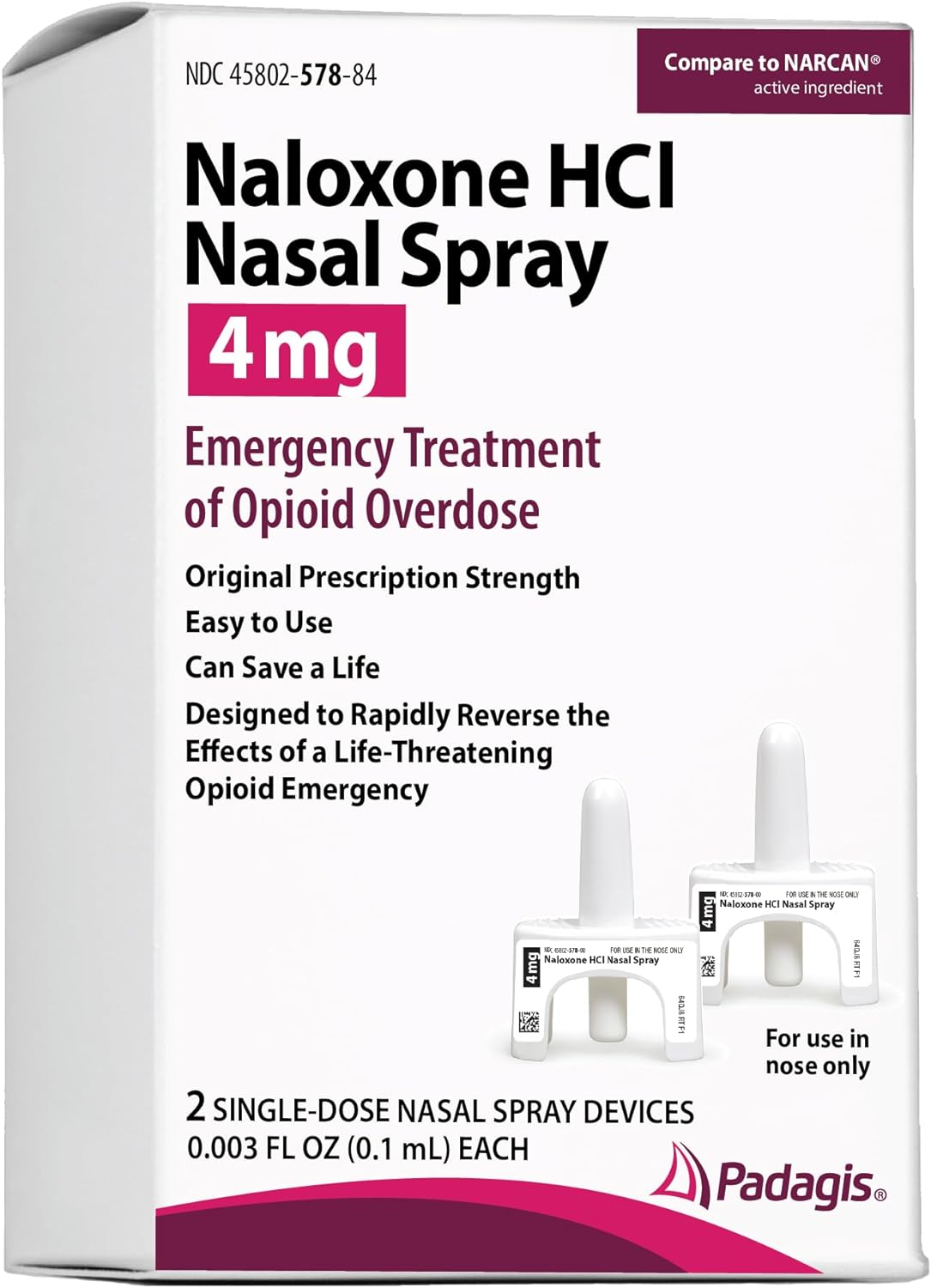 Naloxone HCl Nasal Spray 4mg, Emergency Treatment of Opioid Overdose, 2 Single-Dose Nasal Spray